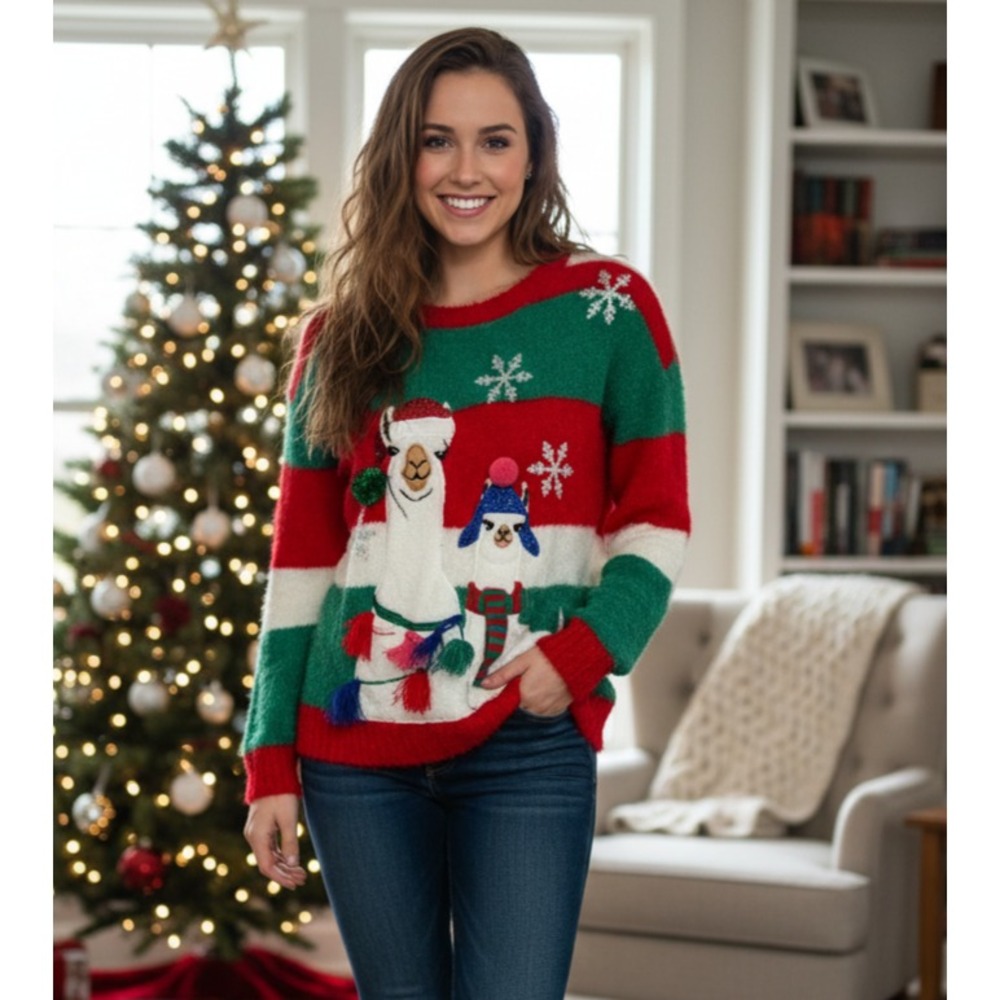 United States Sweaters Pom Llama Christmas Holiday Womens S Multi Striped Sequin